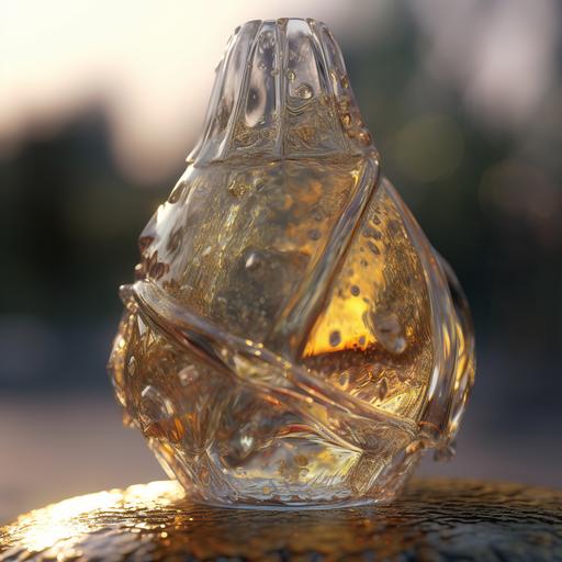 a crystal tranparent translucid Bong full of liquid blazewave. Golden hour, from below, side view, reflections, refractions, 8k, octane render, vray render, detailed, intricade --v 5