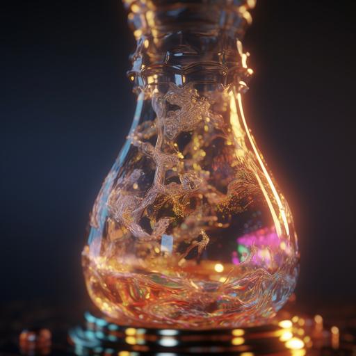 a crystal tranparent translucid Bong full of liquid blazewave. Golden hour, from below, side view, reflections, refractions, 8k, octane render, vray render, detailed, intricade --v 5