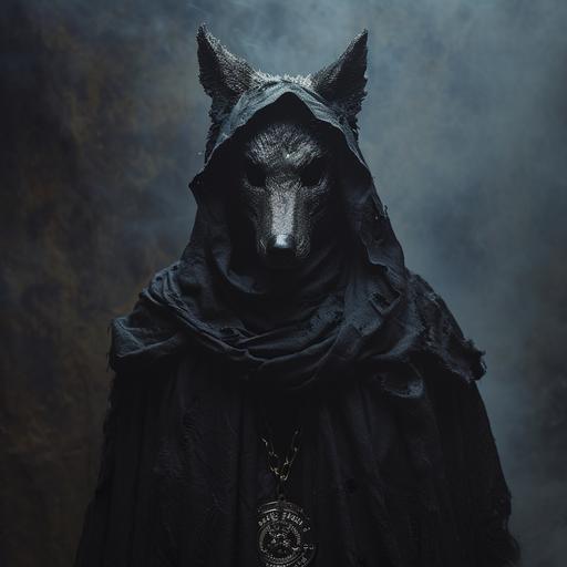 a cultist, wearing a hooded, black robe, wearing a wolf mask. fantasy setting, night mistbackground, horror 