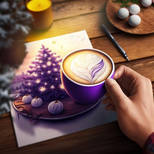 a cup of latte between two pretty hands on wood table and christmas tree decorations on a wooden table, 8k, illustration, hyper realistic, theme new year, theme color purple, sun yellow and white