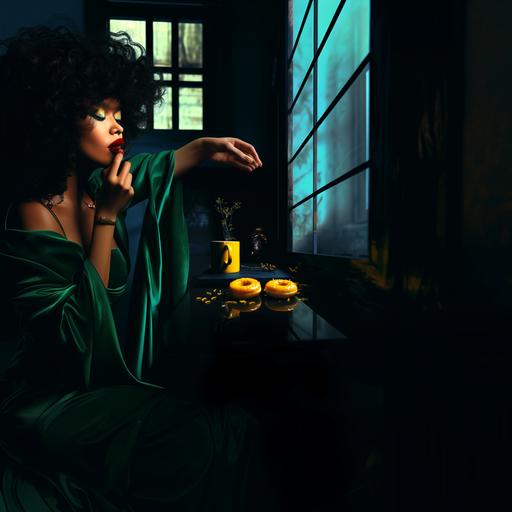 a curly-haired woman in green silk licks her fingers with red lips; high detail; photo quality --ar 1:1