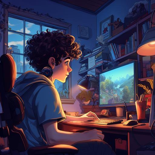 a curly headed boy in his 20s playing video games in a nicely lit PC setup