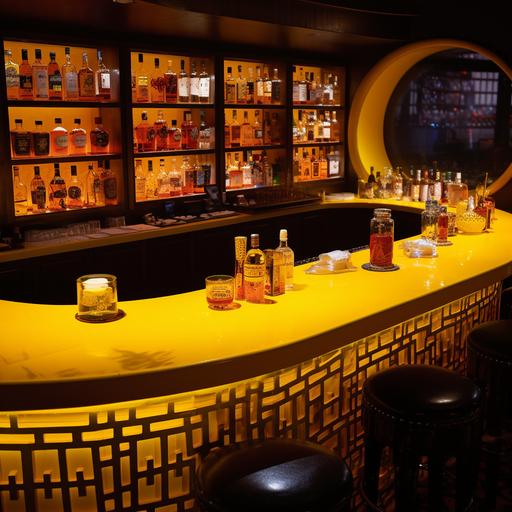 a curved bar countertop dressed in bold yellow chinese silk table cloth. The back of the bar has a cross shelf with liquour bottles displayed in the back. The setting is in a dim night club.