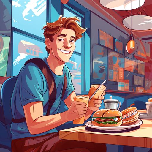 a customer in a coffee shop enjoys his coffee and sandwich in colorful cartoon theme