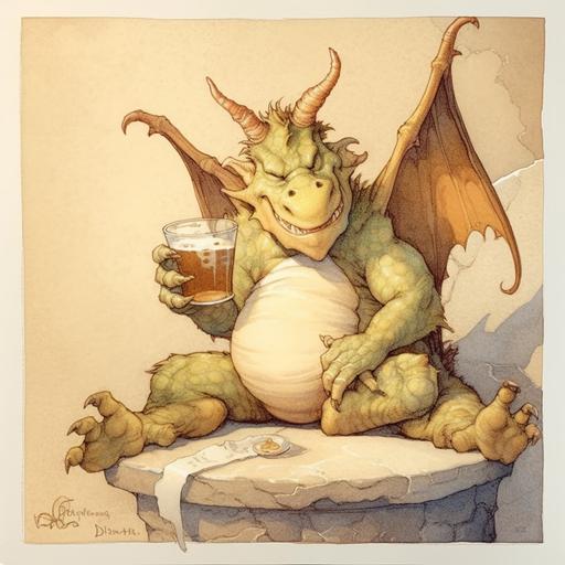 a cut out watercolor illustration by Aaron J Riley, Bob Kehl, Stanley Artgerm Lau, of a small fat drunk Dragon, staggering on a parchment coloured surface creating the symbolic image of happiness after a good drinking session, cut out, cream background, clean boarder --ar 10:10 --s 700 --v 5 --v 5
