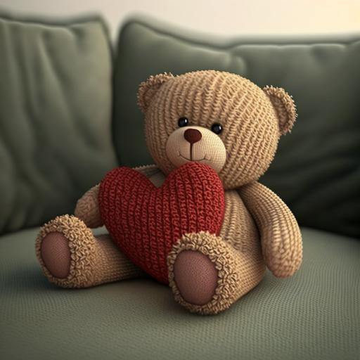 a cute 3d woolen teddy bear sitting on sofa holding red heart