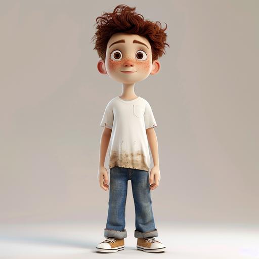 a cute 8-year-old boy character with brown hair in a crew cut, a few freckles, dirty t-shirt, bluejeans with the cuff rolled up, wearing white Keds sneakers, 3D in the style of Pixar, CGI, 8K