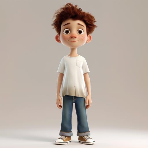 a cute 8-year-old boy character with brown hair in a crew cut, a few freckles, dirty t-shirt, bluejeans with the cuff rolled up, wearing white Keds sneakers, 3D in the style of Pixar, CGI, 8K --v 6.0