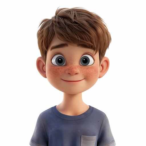 a cute 8-year-old boy character with extremely short brown hair in a crew cut, a few freckles, a crooked smile with a front tooth missing, dirty t-shirt, 3D in the style of Pixar, white background, CGI, 8K --v 6.0