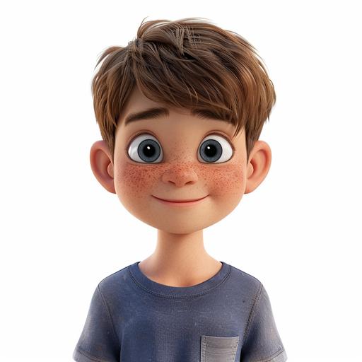 a cute 8-year-old boy character with extremely short brown hair in a crew cut, a few freckles, a crooked smile with a front tooth missing, dirty t-shirt, 3D in the style of Pixar, white background, CGI, 8K