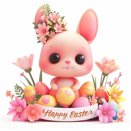 a cute Kawaii easter bunny with easter eggs, flowers, 