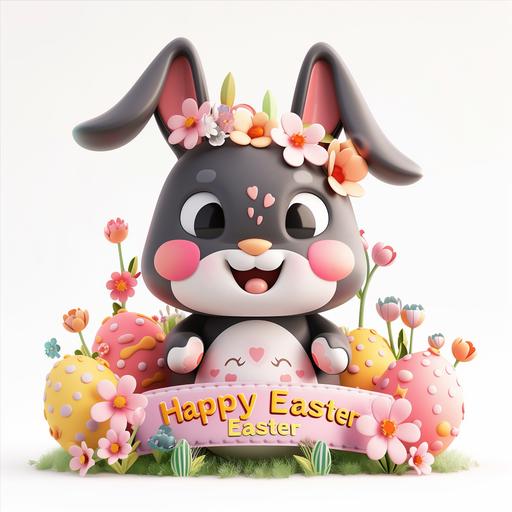 a cute Kawaii easter bunny with easter eggs, flowers, 