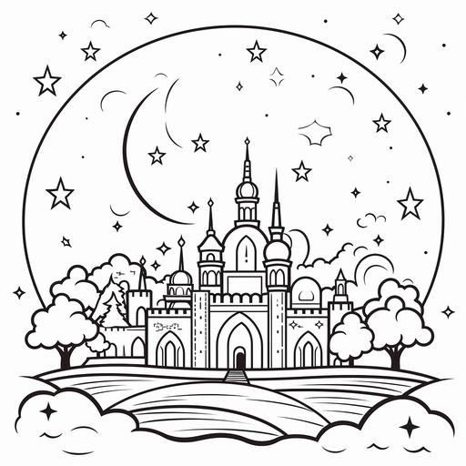 a cute a cartoon-style black and white line drawing. It depicts a new crescent moon symbolizing the start of Ramadan, with a nighttime landscape, mosque silhouette, and cute cartoon style-people characters, cartoon style, thick lines, low detail, no shading