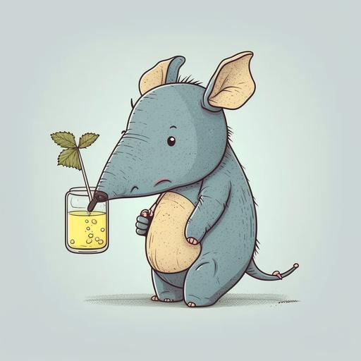 a cute aardvark drinking a glass of lemonade, cartoon