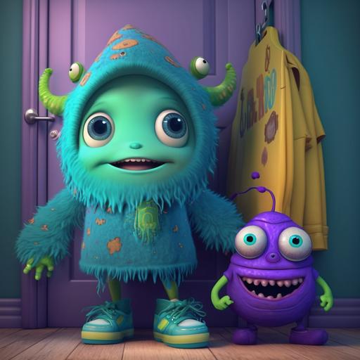 a cute and sweet and in love monster with two big bright brown eyes with long hair and a smile with two short legs and a very loose blue shirt holding a yellow umbrella, and a blue monster in love with bright brown eyes wearing a green days t-shirt holding a blue french horn, in an all green room with a purple door disney style ultra 4k