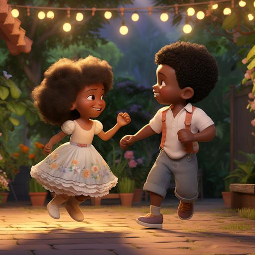 a cute animated boy and girl 4 years old, dark skin twins, in a garden dancing .