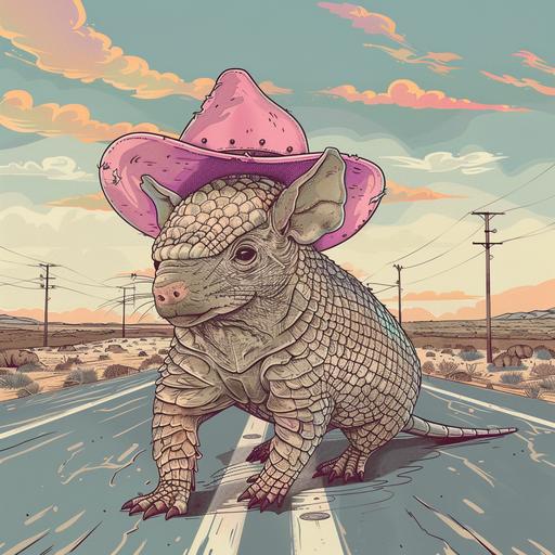 a cute armadillo wearing a pink cowboy hat crossing a road in texas kawaii style