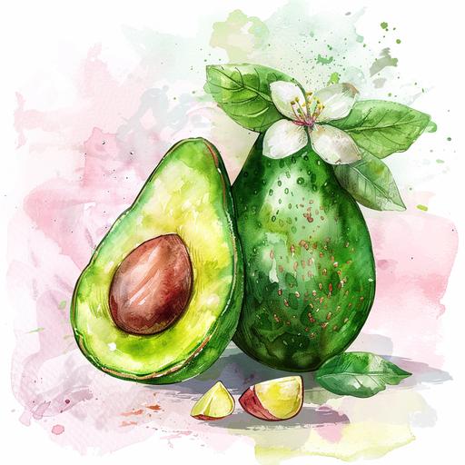a cute avocado print background in watercolor style for zoom background with pink elements