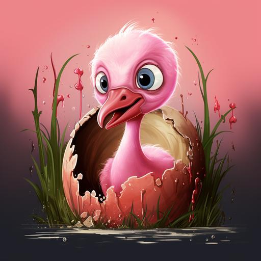 a cute baby cartoon flamingo's head cracking through a pink egg nestled in mud and reeds