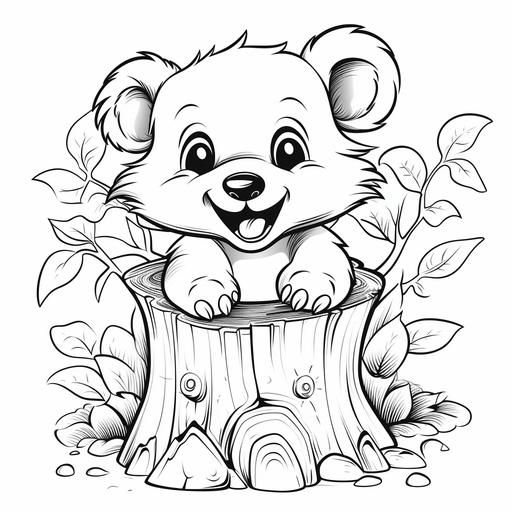 a cute bear wakes up in a tree stump house excited, cute, simple contour lines, coloring book for kids, black and white, white background, thick lines, no shading
