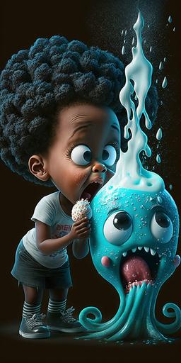 a cute black girl spits a bad sour tasting glacial octopus out of her mouth, yuck. Pixar --ar 1:2