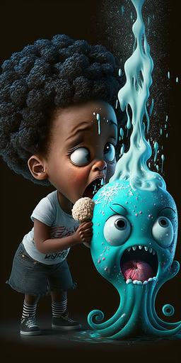 a cute black girl spits a bad sour tasting glacial octopus out of her mouth, yuck. Pixar --ar 1:2