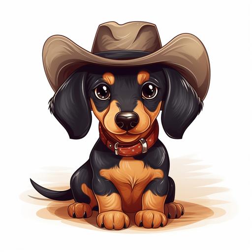 a cute cartoon dachshund wearing a cowboy hat on a plain white background