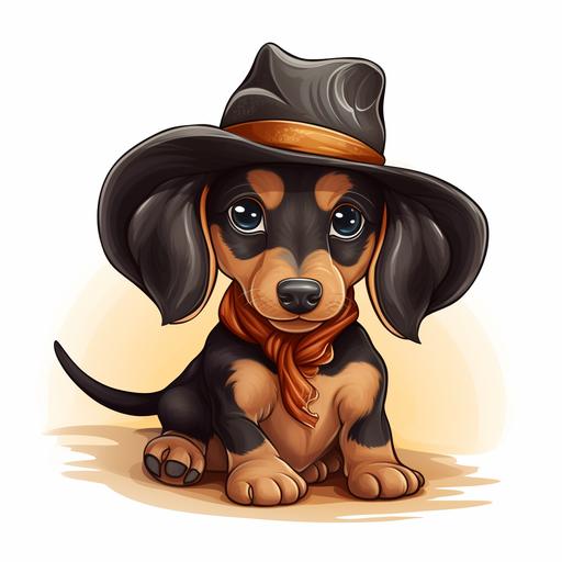 a cute cartoon dachshund wearing a cowboy hat on a plain white background