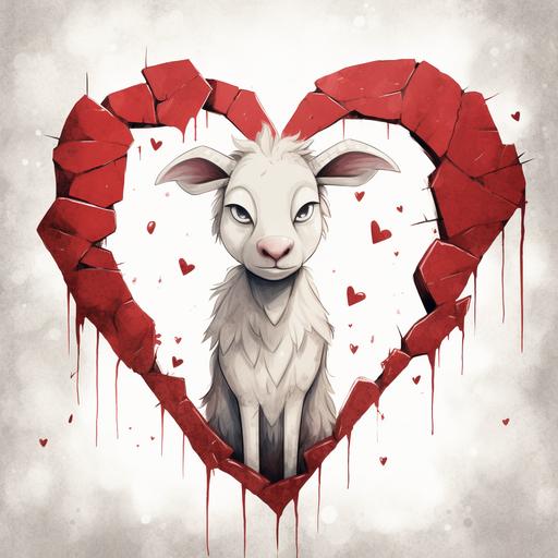 a cute cartoon goat inside of a broken heart