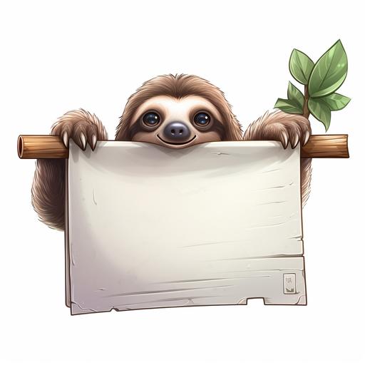 a cute cartoon sloth hanging upside down holding a blank sign