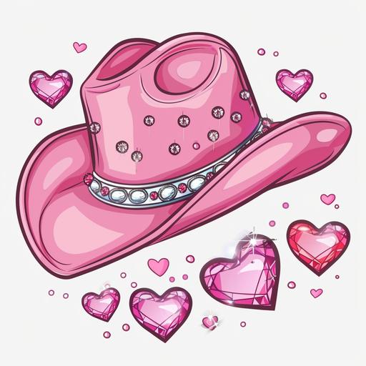 a cute cartoon style pink cowboy hat for women with rhinestone elements and heart shape elements on a transparent background sticker cute
