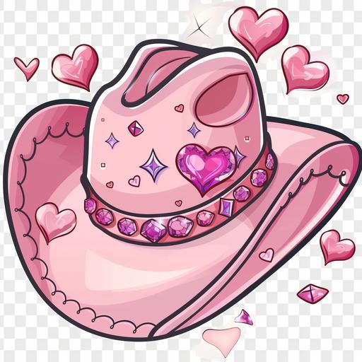 a cute cartoon style pink cowboy hat for women with rhinestone elements and heart shape elements on a transparent background sticker cute