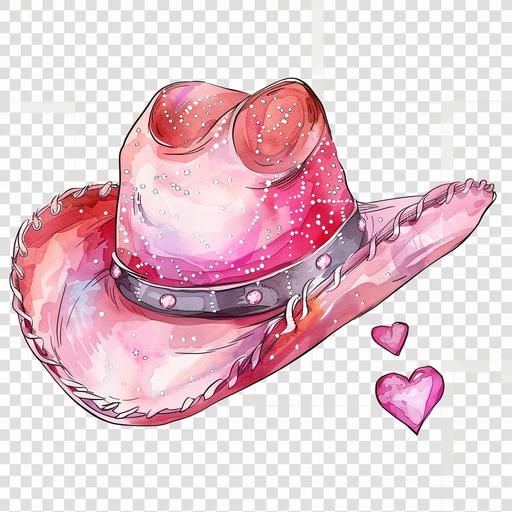 a cute cartoon style pink cowboy hat for women with rhinestone elements and heart shape elements watercolor art on a transparent background sticker cute