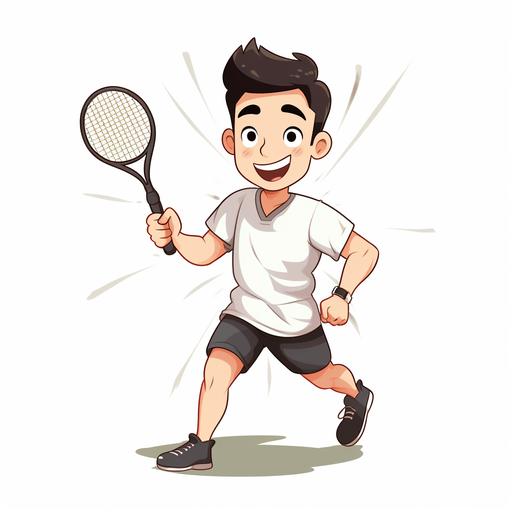 a cute character with a figure of five only one Korean man in his 20s, wearing a white long-sleeved T-shirt and a long black pants, without a background, playing a smash with a badminton racket, --no glasses