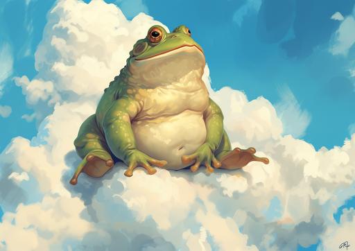 a cute chubby amphibian sits on top of clouds, in the style of gigantic scale, soft and dreamy, honeycore, full body, comic/cartoon, , dignified poses --ar 128:91 --v 6.0