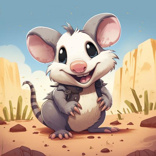 a cute chubby light grey cartoon opossum with beady eyes a pointy nose lots of teeth and a big smile , on all four paws , with a saddle on its back , cute style, desert background