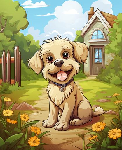 a cute dog sitting in the garden, cartoon style, thick line, low details, smile, no shading --ar 9:11