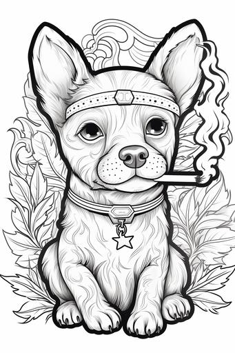 a cute dog smoking a marijuana joint, coloring pages, crisp lines, mandala, white background, no shading, --ar 2:3
