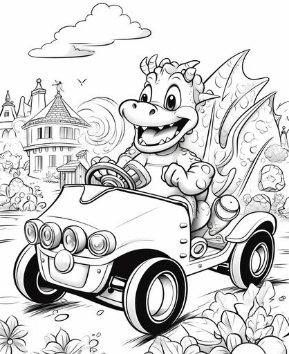 a cute dragon driving a police car, coloring page for kids, black and white, no shading, low detailed --ar 9:11 --no greyscale