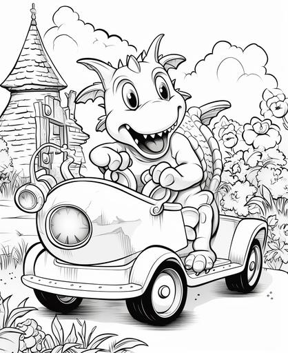 a cute dragon driving a police car, coloring page for kids, black and white, no shading, low detailed --ar 9:11 --no greyscale