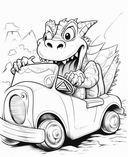 a cute dragon driving a police car, coloring page for kids, black and white, no shading, low detailed --ar 9:11 --no greyscale