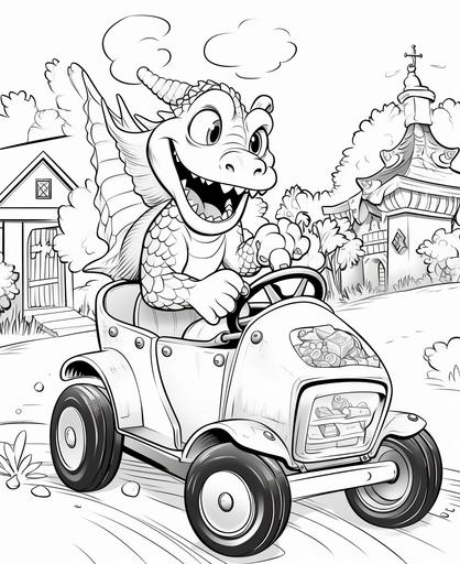 a cute dragon driving a police car, coloring page for kids, black and white, no shading, low detailed --ar 9:11 --no greyscale