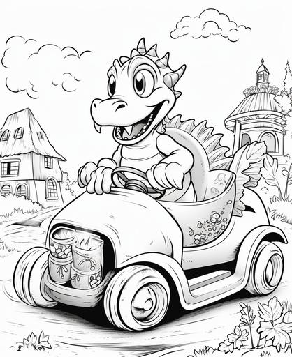 a cute dragon driving a police car, coloring page for kids, black and white, no shading, low detailed --ar 9:11 --no greyscale