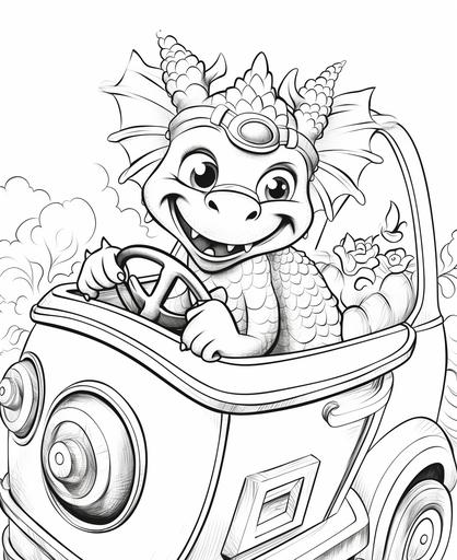 a cute dragon driving a police car, coloring page for kids, black and white, no shading, low detailed --ar 9:11 --no greyscale