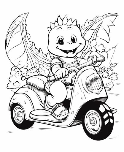 a cute dragon driving a police car, coloring page for kids, black and white, no shading, low detailed --ar 9:11 --no greyscale