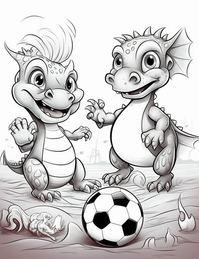 a cute dragons and a cute crabs engaging in a friendly soccer match on the ocean floor, for coloring book, with crisp lines and white background --ar 17:22