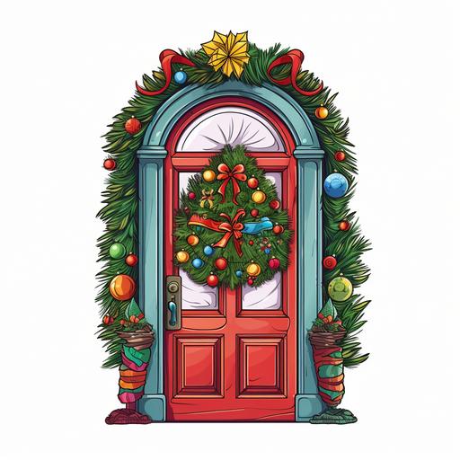a cute drawing of a door with a christmas wreath, cartoon style, vibrant colors, one christmas tree on both sides of the door