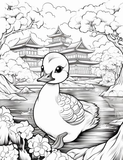 a cute duckling enjoying cherry blossoms and traditional Japanese gardens in Tokyo, cartoon style, pixar style for coloring book whith crisp lines and white background --ar 17:22