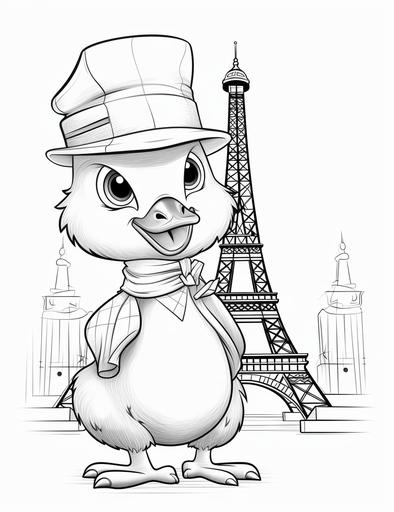 a cute duckling with beret and exploring iconic Parisian landmarks like the Eiffel Tower, cartoon style, for coloring book whith crisp lines and white background --ar 17:22