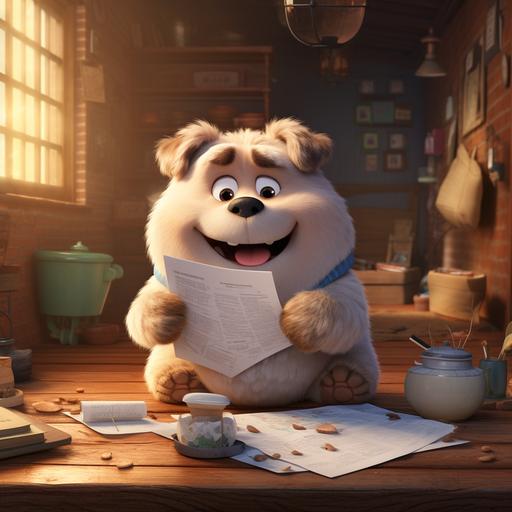 a cute fat dog in the style of the secret life of pets, reading a letter